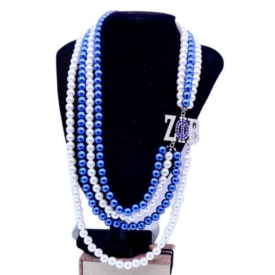 China Greek Sorority ZETA PHI Letter Necklaces Organization Club Soror Pearl Statement Long Necklaces White Blue Imitation Eco-Friendly Member Gifts for sale