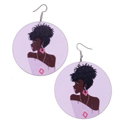 China Fashion Eco-friendly Design Exaggerated Black Magic African Girl Rock Exotic Stylish Painted Wooden Drop Earring Afro Girl for sale