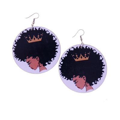 China Eco-Friendly Black Magic African Women Rock Girl Crown Tribal Tropical Round Natural Wood Paint Drop Earring for sale