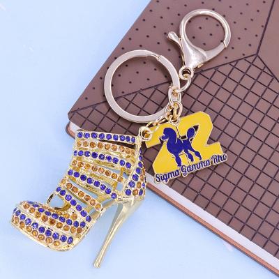 China 3D Metal Key Chains Cavity Design Diamond Women High Heel Shoe Pendants Pretty Poodle Rho Gamma Greek Social Eco-friendly Yellow Blue Sigma for sale