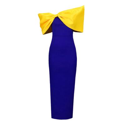 China Breathable High Waist Slim Fit Party Wear With Contrast Bow Tie Solid Color Yellow Blue Sigma Gamma Rho Sorority Club Greek Women Dress for sale