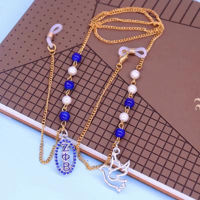 China Eco-Friendly Blue White Pearl Beads Greek Letter ZETA BETA Dipped Hanging Charm Holder Masking Glasses Masked Glasses Lanyard Straps Chain for sale