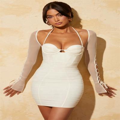 China Custom Made Sexy Women's Backless Mesh Dress Spaghetti Strap Bodycon Mini Dress Wrap Ruched Pencil Dress Anti-Static for sale