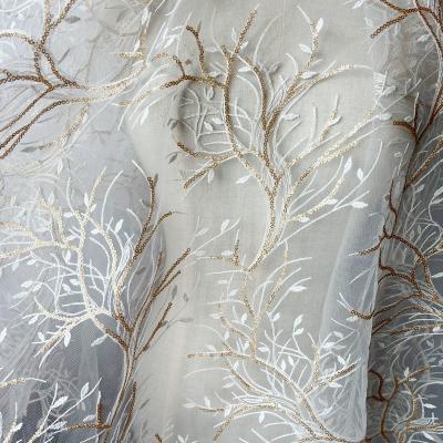 China Breathable Leaf design beaded lace fabric bridal embroidery soft lace tulle fabric romantic feather embroidery wedding lace for sale