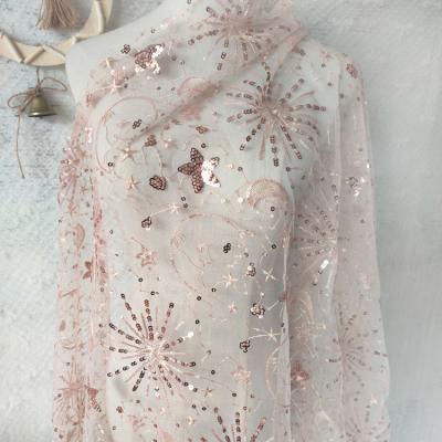 China Breathable New arrival pink thread star pattern sequin embroidery lace fabric for sale