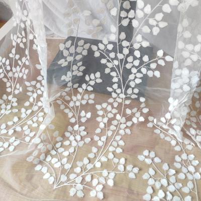 China Breathable 2022 beaded stone lace embroidery fabrics White Flower Tulle Mesh Lace Fabric for Wedding Dress for sale