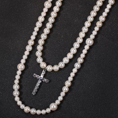 China Hiphop Fashion Bead Chain Crystal Plated Cross Pendant Hip Hop Jewelry Multilayer Necklace for sale