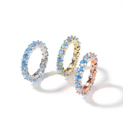 China Fashion Hiphop Bling Single Row Hip Hop Diamond Rings Couples Style Navy Blue Zircon Jewelry Rings for sale