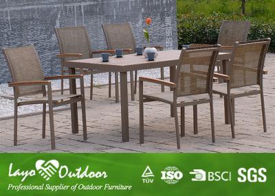 China Outdoor Faux Wood Patio Furniture With Aremrest Backyard Dining Sets Alum Frame for sale