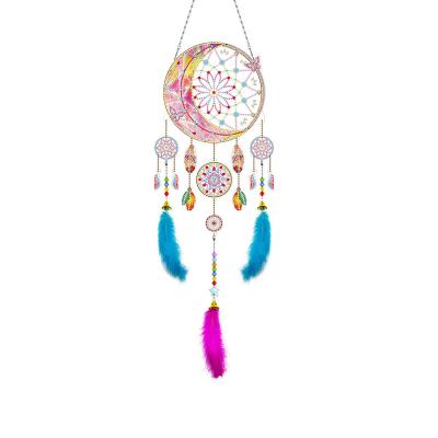 China Puzzle Customized Wholesale New Style DIY Handmade 5D Dream Cartcher Hanging Around Full Diamond Round Wind Chime With Colorful Feather for sale