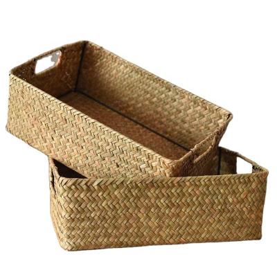 China Seagrass+Iron Storage Basket Woven Basket Medium Rectangular Bamboo Home Storage Decoration for sale