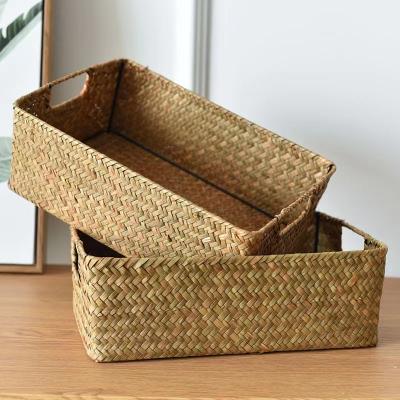 China Rectangular Seagrass+Iron Small Storage Basket Woven Bamboo Basket For Home Storage Decoration for sale