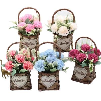 China Plastic+silk Carnation Caryophyllus Flower Artificial Hand - Woven Flower Basket Artificial Plants Mother's Day Potted Plant Decoration for sale