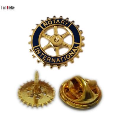 China Custom Europe Rotary International Pin With Cut Outs Die Struck Brass Enamel Badges 24K Hard Gold Plating for sale