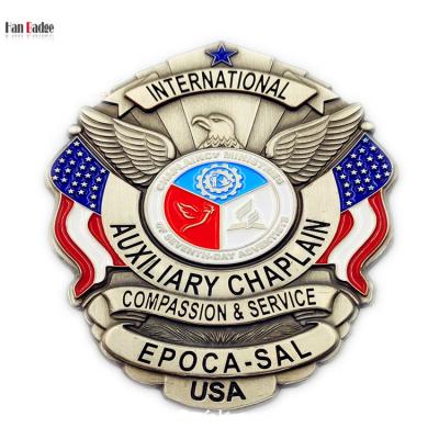 China Custom 3D Design USA Die Casting USA Badge International Soft Enamel Emblem Antique Bronze Finish for sale