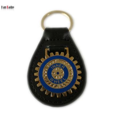 China Leather & Custom Interior Genuine Leather Ring Brass Hard Enamel Logo 24K Gold Plating Metal Wheel Key Chain Key for sale