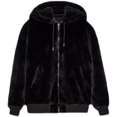 China Men's Faux Shearling Reversible Hooded Sherpa Windproof Full Zip Jacket in Black for sale