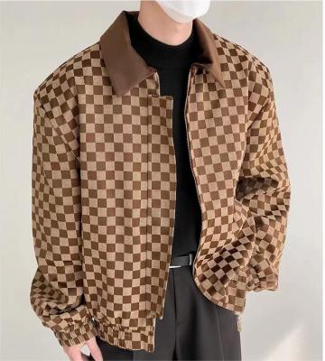 China 2023 Men's Checkerboard Pattern Zipper Contrast Color Collar Chore Jacket Spring Windproof Full for sale