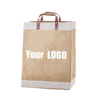 China Durable Heavy Duty Reusable Custom Tote Jute Shopping Bag With Leather Handles for sale