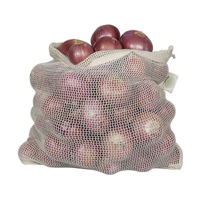 China Custom Logo Cotton Storage Mesh Drawstring Handled Organic Vegetables Potato Onion Bags for sale