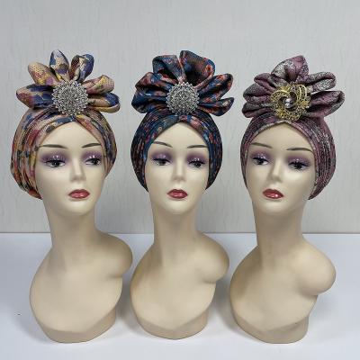 China Fashion 2022 Fashion Amazon Printed Mesh Turban Ladies Women Muslim Head Turban Hat Cap With Rhinestone for sale