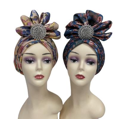 China Fashion New Arrival Luxury Party Printed Mesh Women Lady African Muslim Turban Hats With Big Rhinestone for sale