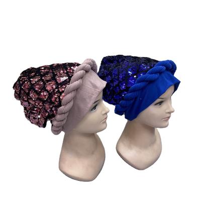 China Fashion New Arrival Women African Muslim Headscarf Headwrap Turban Braided Hat Hijab Hat With Sequin for sale