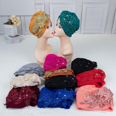 China Shining Rhinestone Turban Beanie Cap Luxury Muslim Women Fashion Party Glitter Flower Hijab Head Cover Turban Hat for sale