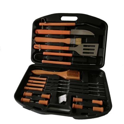 China Easily Cleaned Amazon BBQ Tool Kits With Wooden Handle BBQ Grill Accessories Sweep Tongs Skewer for sale