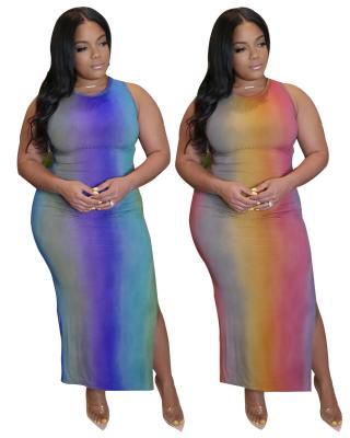 China Anti-Wrinkle Plus Size Bodycom Dresses Summer Print Split O Neck Maxi Dress Tie Dye Sleeveless Casual Dress for sale