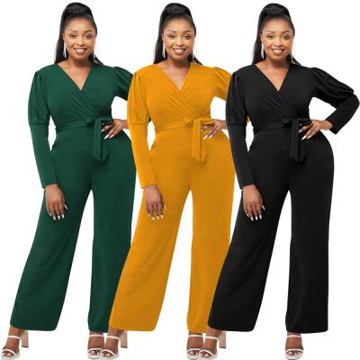 China Office Lady Women Loose Jumpsuits Wide Leg Pants Stylish Puff Sleeve Belted Overalls Coldker Office Wear for sale