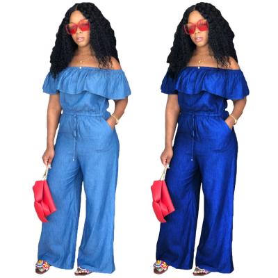 China Siamese pants M-4XL wide-leg off playsuit romper 2021 fashion women denim jeans ruffle neck slash shoulder loose overalls for sale