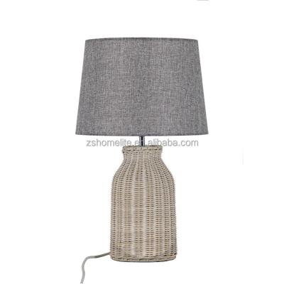 China Asian Bedside Edison Table Lamp Hot Sell Simple Rattan Base And Gray Fabric Table Lamp For Bedroom Villa Home for sale