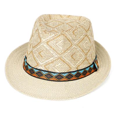 China Wholesale Fashion Summer Vintage Panama Paper Checked Straw Jazz Hat Fedora With Lace For Hombre Beach Sun Hats Men for sale