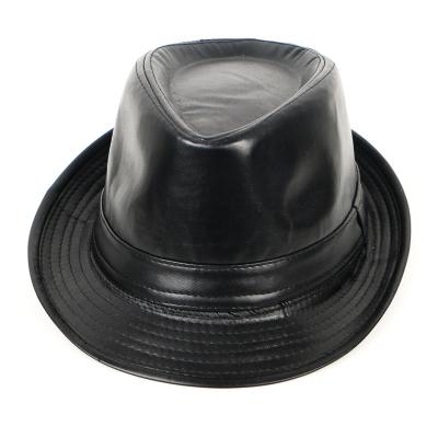 China Black Gentleman Fedora Hat Vintage Dobby PU Brim Jazz Hat Felted Hat Formal Unisex Short Leather Men Wholesale Hats for sale