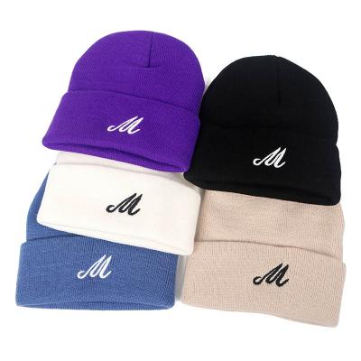 China COMMON Hat M Letter Embroidered Wool Head Beanie Unisex Plain Earflap Set Winter Knitted Hat for sale