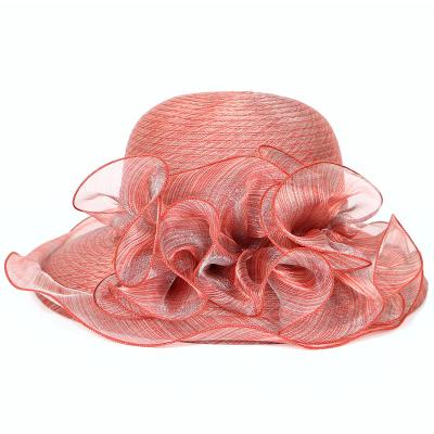 China Folding Sun Straw Hat Formal Woman Image Summer Bucket Hat with Flower and Lace for Church Party Wedding Travel for sale