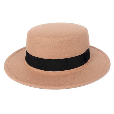 China Classic Dome Hat Solid Color Image Vintage Flat Brim Hat Felt Trilby Homburg Formal Hats With Black Ribbon For Woman Girl Church for sale