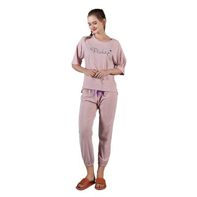 China Breathable Cotton Round Neck Plus Size Elastic Ladies Pink Pajamas Suit for sale