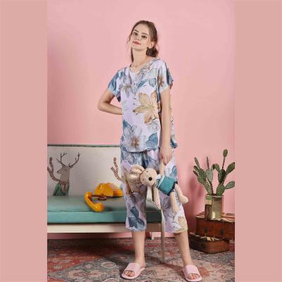 China QUICK DRY Women Printing Pajamas Sleepwear Suit Short Sleeved Elasticwaist Pants Sleepwear Homewear Women Sleepwear Pajamas for sale