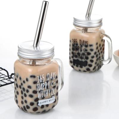 China Single Glass Mug With Handle 135ML 480ML 640ML Wide Mouth Glass Mason Jars With Metal Hole Lid And Straw for sale