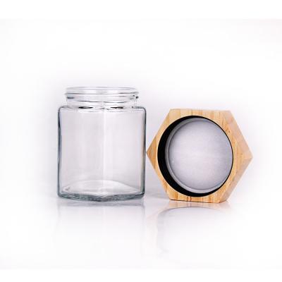 China Lurury Airtight Food Container With Lid 500ml Bamboo Hexagonal Glass Jars For Canning Food for sale