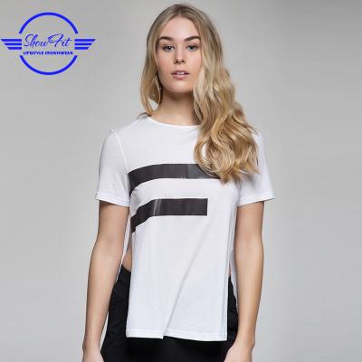 China High Quality Women's White Anti-pilling Striped Open Side Gym White T-Shirts Custom Made for sale