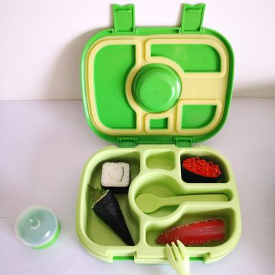 China Viable BPA Free 5 Compartments Leakproof Green Kids Bento Box With Cutlery Sauce Box For 3 To 7 Ages Loncheras Kids for sale