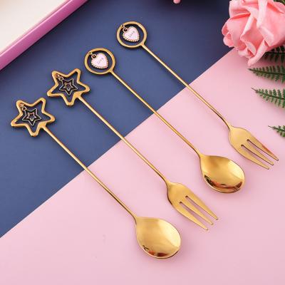 China Wholesale 304 Stainless Steel Dessert Tableware Eco-Friendly Sustainable Creative Spoon Fork Golden Love Pendant for sale