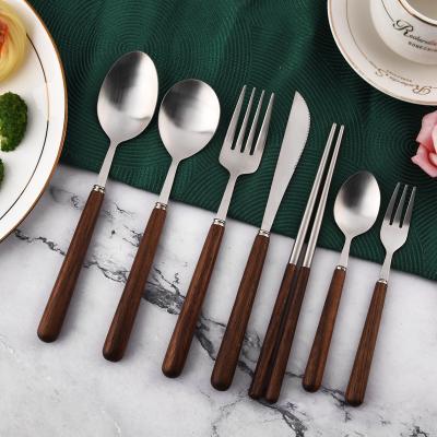 China Amazon Viable Flatware 18/8 Stainless Steel Knife Fork Spoon Chopsticks Handle High Quality Wood Cutlery Set for sale