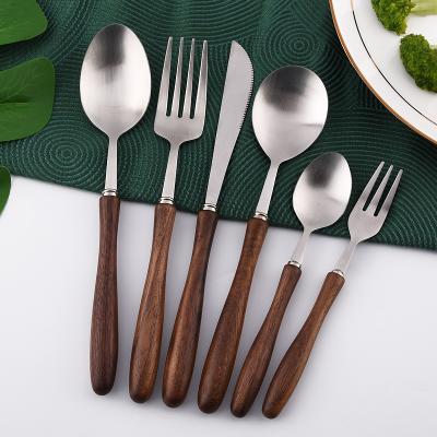 China Hot Selling Cutlery Set 304 Stainless Steel Handle Flatware Set Wooden Knife Fork Spoon Hot Selling Cutlery Set for sale