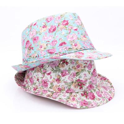 China Character Women Short Overflow Cotton Floral Fedora Hats Sequin Trilby Cap for sale