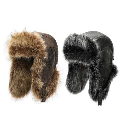 China Winter Aviator Bomber Earflap Leather Warm Trapper Snowboard Ski Hat Fur Cap for sale