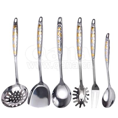 China QANA Sustainable Factory Wholesale OEM Kitchen Utensils Set Supplier Stainless Steel Kitchenware Slotted Turner Spoon Hot Pot Strainer Ladle for sale